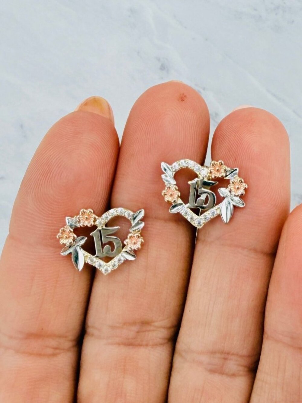 10K Solid Gold Sweet 15 earrings quinceañera hearts – 15 Años aretes